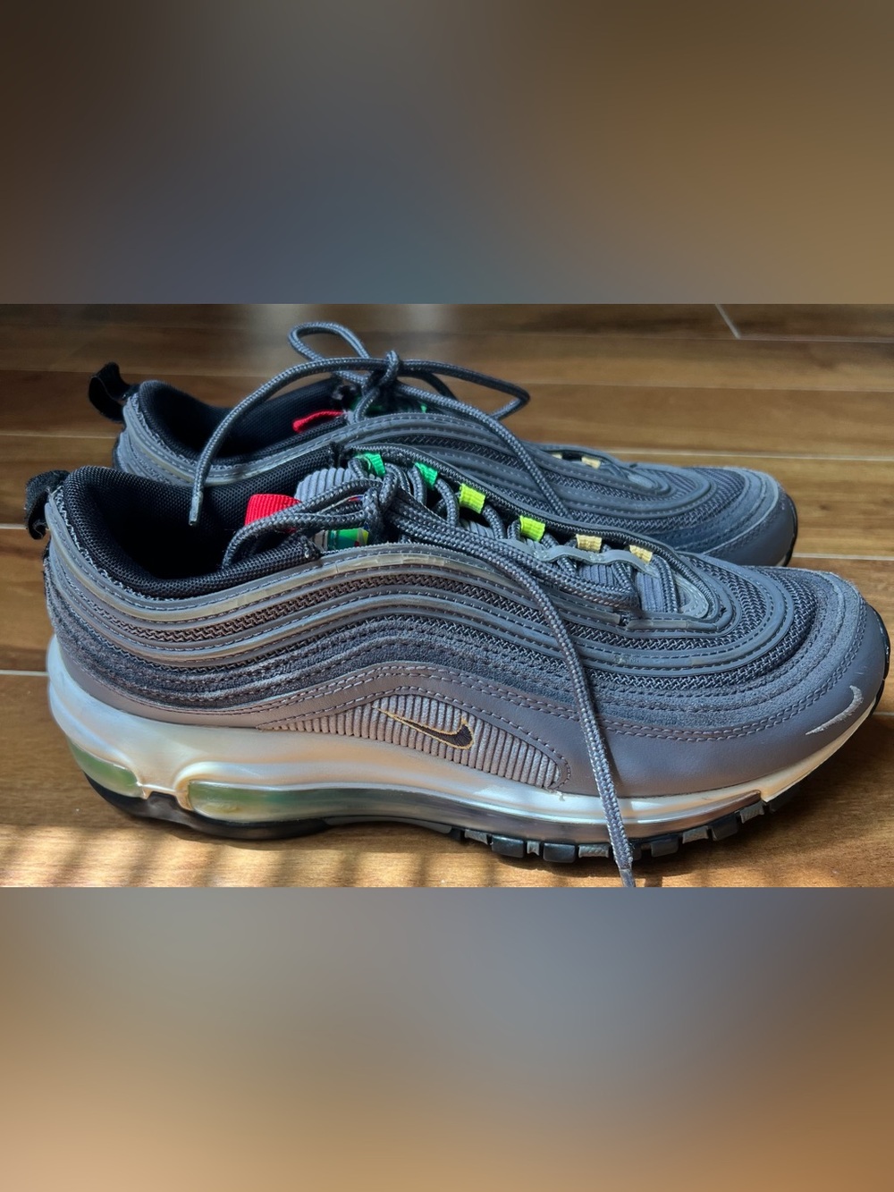 Nike Men's Gray Air Max 97 Sneakers with Green and Red Accents